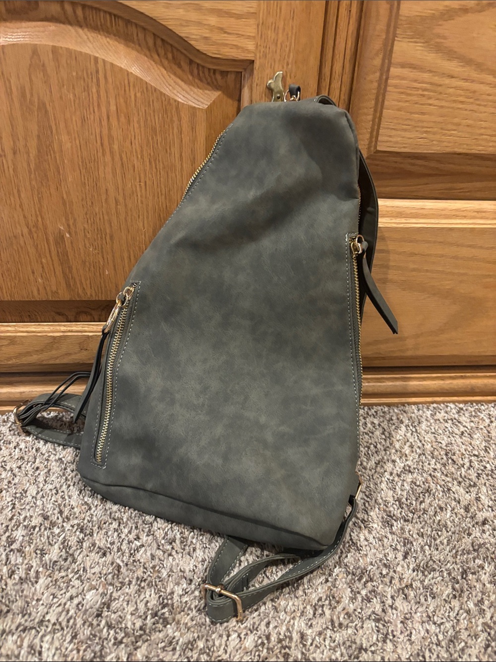 Source Unknown Olive Green Faux-Leather Sling Backpack with Gold Hardware